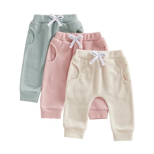 allshope Toddler Baby Girl Fall Pants Active Jogger Casual Athletic Trousers Solid Color Pocket Elastic Waist Harem Bottoms (Waffle Green Apricot Pink, 18-24 Months)