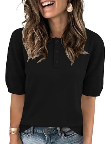 AKEWEI Womens Sweaters Summer Short Sleeve Tops Basic Crew Neck Lightweight Knitted Basic Pullover Sweater Black