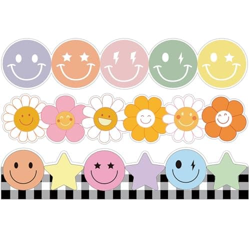 Smile Face Bulletin Borders for Classroom Decorations, 63Ft Back to School Borders for Bulletin Boards, Bright Flower Star Classroom Borders for Elementary Library Home Office Pinboard Noticeboard