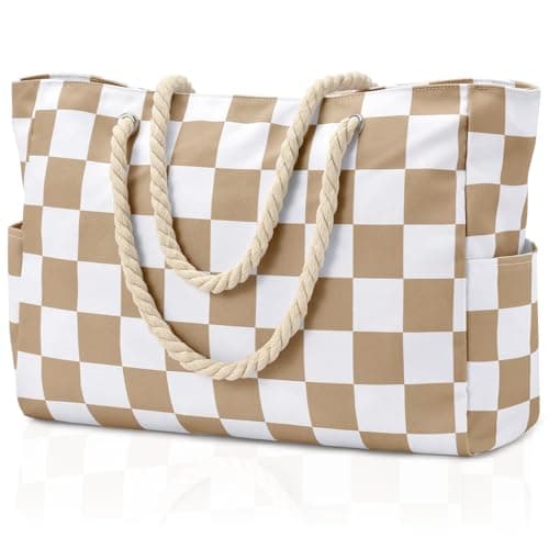 Becokan Beach Bag Large Beach Tote Bag for Women Waterproof Sandproof Swim Pool Bag With Zipper (Khaki White Checkered)