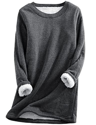Yeokou Women Warm Sherpa Lined Fleece Crewneck Sport Sweatshirt Pullover Loungewear（Grey-XS）