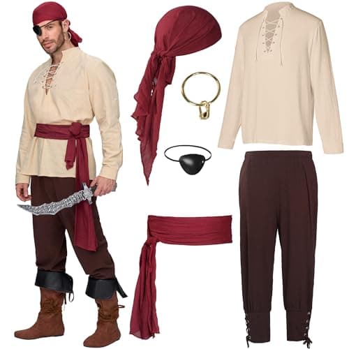 Spooktacular Creations 6 Pcs Men Pirate Costume, Men Renaissance Medieval Viking Pirate Costume with Viking Shirt, Banded Pants, Eye Patch, Bandana,Belt and Earrings for Halloween Cosplay-XL