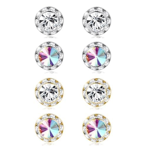 4 Pairs Dance Competition Earrings for Women 15mm Rhinestone Dance Competition Stud Earrings Halo Crystal Earring Dance Comp Stage Performance Opera Wedding Party Jewelry round shaped