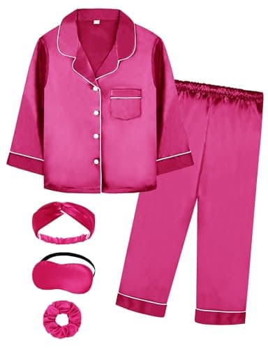 Satin Girl Pajama Set Silk Pajamas for Girls With Eyemask 2 Pcs Button-up Sleepwear Kid Pjs Nightwear（ L-Rosa,140 ）