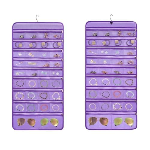 TEMUORG Travel Jewelry Organizer Dual Sided Hanging Earring Holder Bracelet Storage Rolls Rings Display Case with 68 Zippered Pockets (PURPLE)