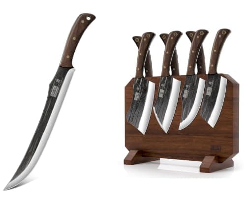 HOSHANHO Carving Slicing Knife, 12 Inch Ultra Sharp Butcher Breaking Knife, High Carbon Steel Curved Brisket Knives & 8 Pieces Butcher Kitchen Knife Set, Hand Forged Magnetic Knife Block Set