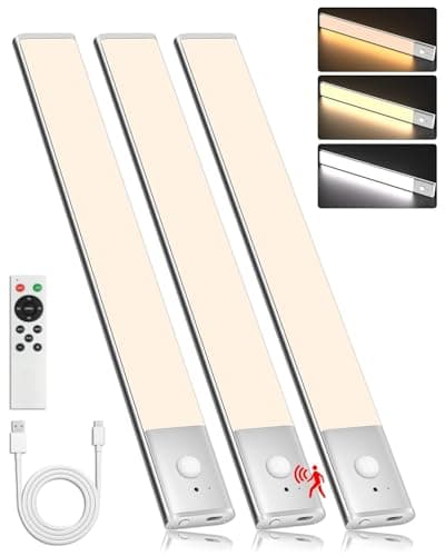 LAJOSO Under Cabinet Lighting Wireless Motion Sensor Light Indoor, 12" Rechargeable Kitchen Bar Lights, 300LM Ultra-Bright Cabinet Lights with Remote, 2500mAH, USB-C, 3 Colors, 3 Pack​s