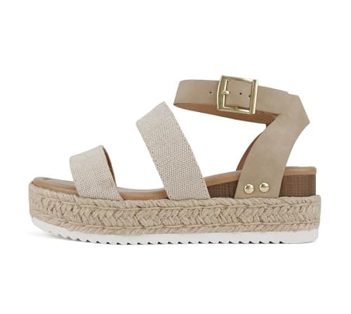 Soda Bryce Espadrille Wedge Sandal with Open Toe Buckle and Ankle Strap (Beige Canvas/Taupe, Wide 9)