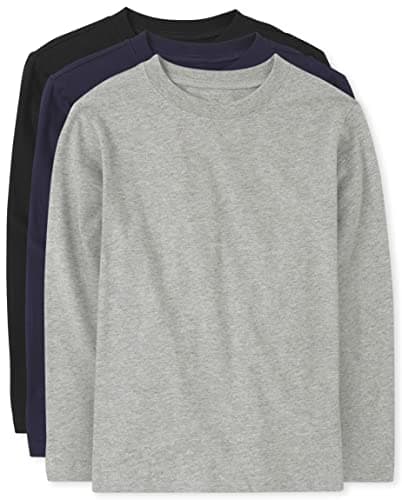 The Children's Place boys Long Sleeve Basic Layering T-shirt T Shirt, Black/Tidal/H Gray 3 Pack, Large US