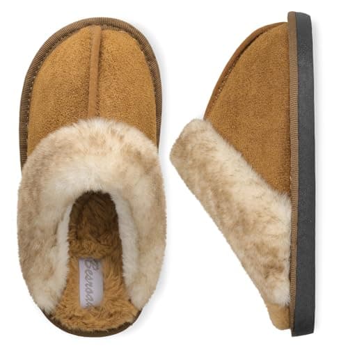 Besroad Winter Fuzzy House Slippers for Kids Girls Boys Faux Fur Slippers Slip On Fluffy Cozy House Shoes Memory Foam Sandals Tan Big Kid 1-2