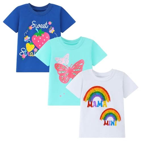 HILEELANG Toddler Girls' Short Ruffle Sleeve Tees Easter Cotton Casual Girls Crewneck Summer Top T-Shirts Green Navy Strawberry White 3 Packs 3T