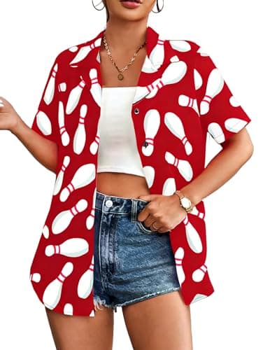 Bowling Shirts for Women Hawaiian Bowler Short Sleeve Button Up Shirt Casual Beach Summer Tee Red