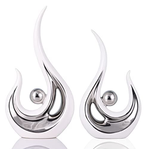 DOVDOV Abstract Ceramic Statues Set of 2, Silver and White Home Decor, Now Decorative Centrepieces, Consoles, Shelves, Dining Table Centrepieces, Entry Table Decor Aesthetics