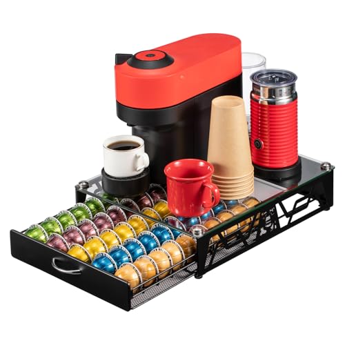 ZCDCP Pod Holder - Modern Sleek Black Metal Coffee Capsule Organizer for Nespresso Pod Storage Glass Top, Stylish Coffee Machine Stand for Coffee Bar, Office or Home Kitchen(50 Pods Capacity)