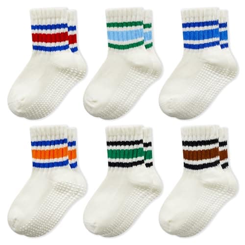 BONANGEL Baby Socks with Grips, 6 Pairs Non Slip Cotton Stripe Crew Socks for Toddler Girls Boys Infants Kids 0-5 Years Old