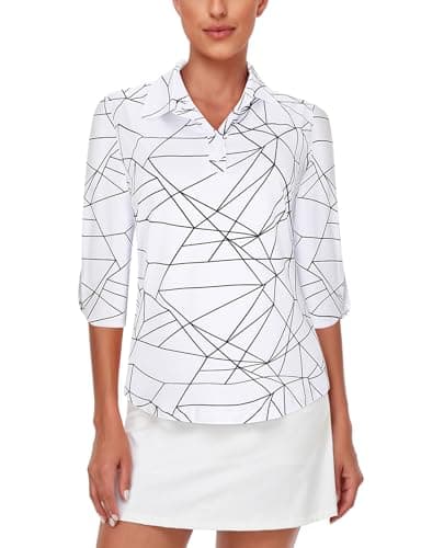 LURANEE Tennis Shirts for Women Long Sleeve,Quick Dry V Neck Golf Outfits Fashion Stand Collar Lightweight UV Protection Hiking Cycling Running Exercise Geometry White XL
