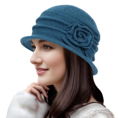 Winter Cloche Bucket Hat for Women Wool Elegant Dress 1920s Vintage Fedora Hats with Flower