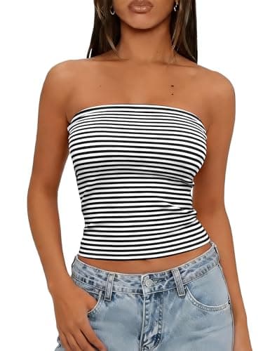 LOMON Womens Going Out Tube Tops Y2k Sexy Crop Basic Strapless Bandeau Slim Fit Cute Outfits (Black and White Striped, S)