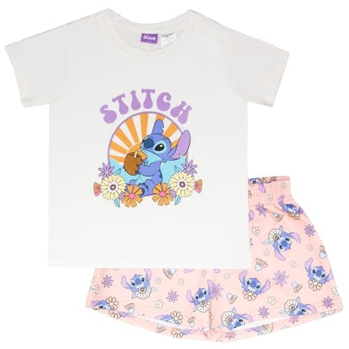 Disney Lilo & Stitch Girls Boxy Graphic T-Shirt and Short Set - Stitch in the Sun - Lightweight Summer Outfit for Kids (Cream/Pink, Size 5)
