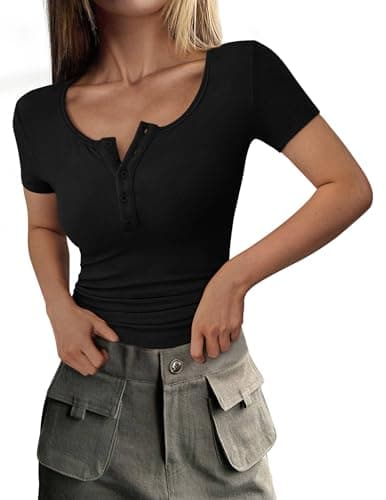 PRETTYGARDEN Womens 2026 Summer Short Sleeve Tops Ribbed Henley Button Slim Fit Basic Casual T Shirts Blouse Fashion Clothing (Black,X-Large)