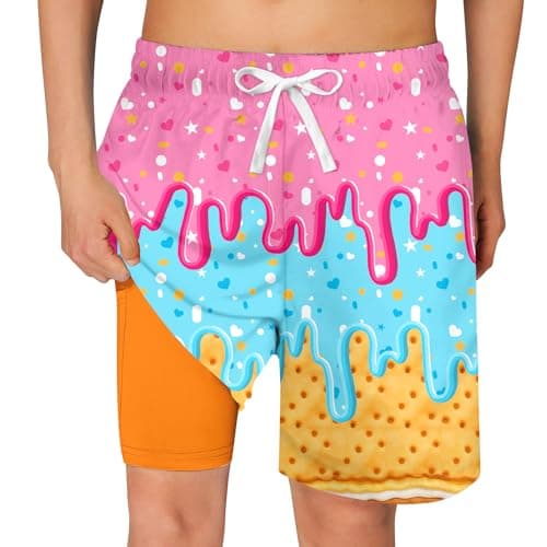 Cozople Teen Boys Swim Trunks with Boxer Brief Liner Bathing Suit Novelty Pink Yellow Ice Cream Graphic Swimming Shorts Quick Dry Stretchy Compression Anti Chafe Swimsuit Size 14