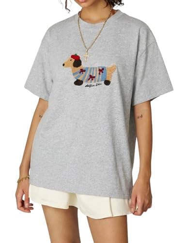 Aelfric Eden Mens Oversized Graphic Tees Dog Embroidery Casual Women Tshirts Short Sleeve Top Cotton Cute Tee Shirt Grey
