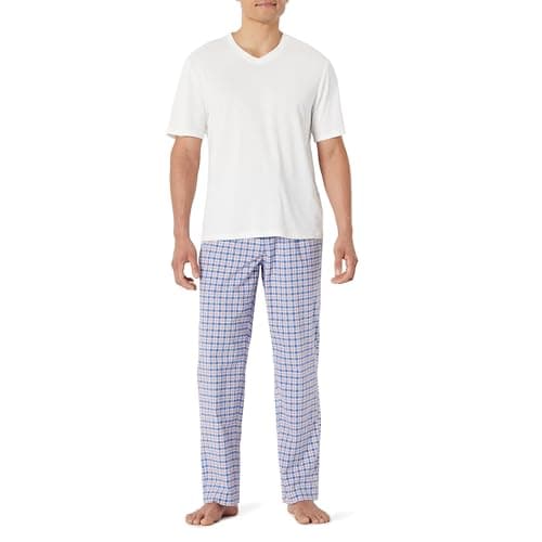 Amazon Essentials Men's Cotton Stretch Poplin Pant With Cotton Jersey T-shirt Pajama Set, Check/Ivory, XX-Large