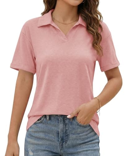 Imily Bela Womens Short Sleeve Polo T Shirts Summer Business Dressy Casual Tops Work Collared V Neck Basic Tees Pink