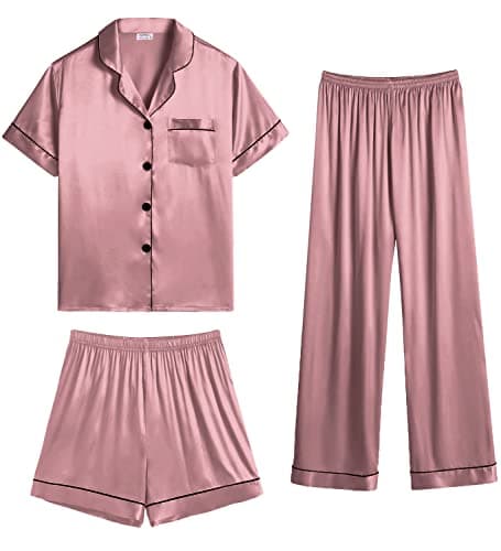 SWOMOG Womens Silk Satin Pajama Sets 3Pcs Button Down Pj Set Short Sleeve Sleepwear Loungewear Pjs Nightwear XS-XXL(Misty Rose, XX-Large)