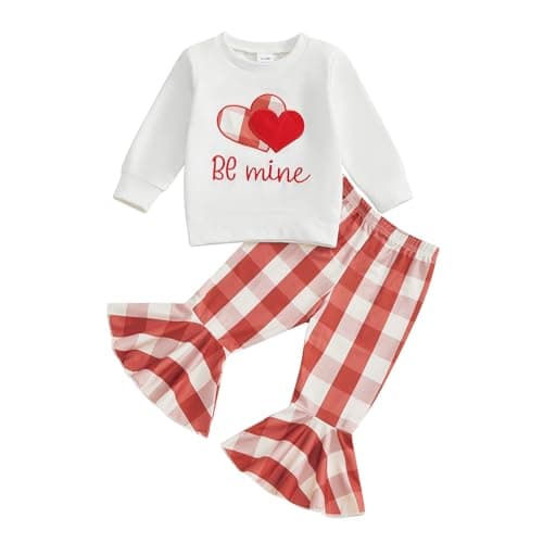 Santikisler Little Girl Valentine’s Day Outfits Heart Letter Long Sleeve Shirt Plaid Bell Bottom Pants 2PCs Set Clothes (White, 3-4T)