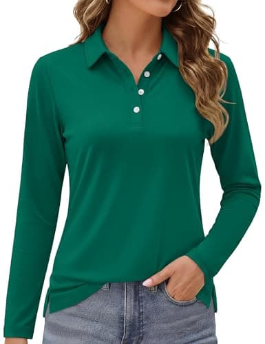 MAGCOMSEN Polos for Women Long Sleeve Polo Shirts UPF 50+ Golf Shirts Athletic Tops for Women Light Emerald Green,S