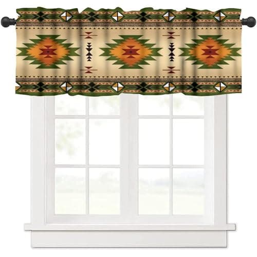 SXXLDNG Aztec Kitchen Curtain Valance for Windows,Farmhouse Green Window Drape Treatment,Vintage Wood Grain Short Topper Small Tier Curtains 1 Panel Valance, 54 * 18inch