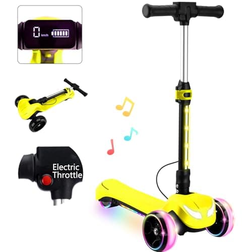 Kids Electric Scooter w/LCD Screen, Bluetooth Music, Light-Up Stem Deck & Wheels, Thumb Throttle, 3 Adjustable Heights, 150W Powerful Motor, Foldable 3 Wheel Electric Scooter for Kids Boy Girl, Yellow