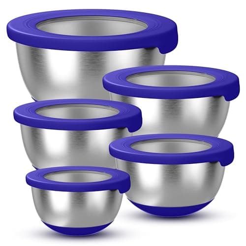 KITEISCAT Stainless Steel Mixing Bowls with Lids – Set of 5 Large Nesting Metal Bowls for Kitchen, Baking, Cooking, Food Prep & Storage, Non-Slip Base, Dishwasher Safe,Blue