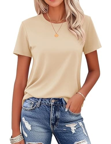 MAGCOMSEN Women's Crewneck Tee Short-Sleeve Classic-fit Breathable Cotton T-Shirt Casual Basic Solid Shirt Tops, Light Apricot, S