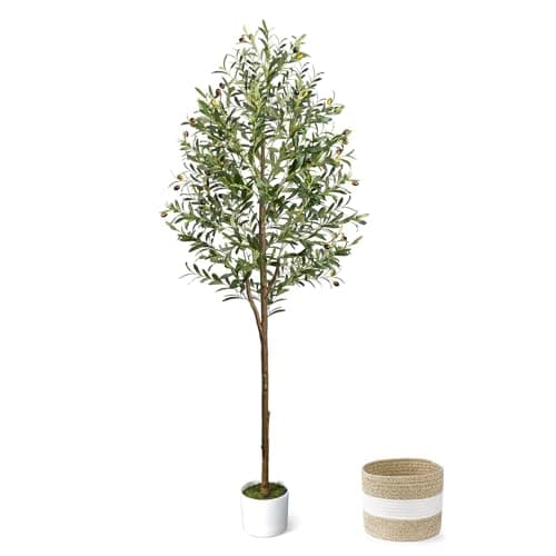 LuceAlberi 6FT Artificial Olive Tree - Indoor Tall Faux Olive Trees with Planter&Basket, Large Fake Olive Silk Tree Realistic Olive Plants with Branches and Fruits for Home Decor Office Living Room