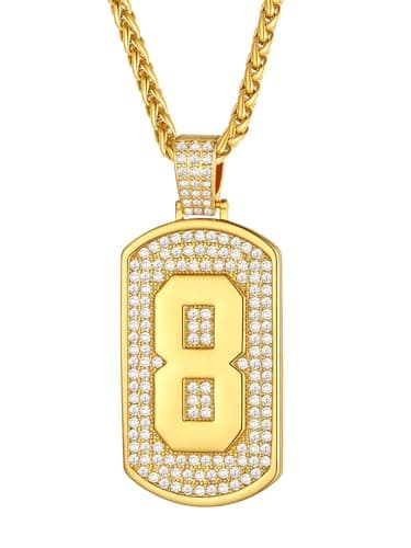 FindChic Gold Necklace Men Number 8 Pendant Military Dog Tags Bling Fake Diamond Jewelry