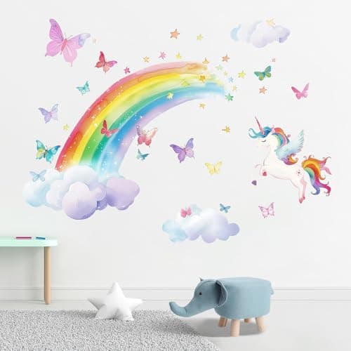 Mfault Watercolor Rainbow Unicorn Wall Decals Stickers, Clouds Butterfly