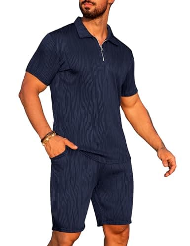 URRU Men's 2 Piece Short Set Summer Outfits Fashion Casual Short Sleeve Polo Shirt and Short Set (Navy Blue, Large)