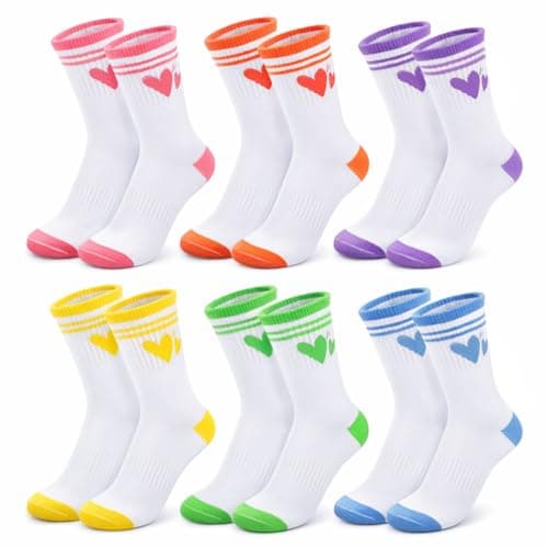 scenicamp 6 Pairs Teen Girls Crew Socks with Stripes & Hearts, Athletic Cotton Mid-calf Socks Soft Breathable Casual Sock for Kid 9-13 Years Old