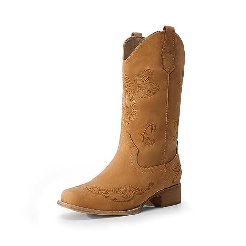 DREAM PAIRS Women's Square Toe Cowboy Cowgirl Boots Pull On Low Chunky Heel Mid Calf Western Boots with Embroidered Stitched for Theme Party Country Concert,Size 6W,Tan,SDMB2220W