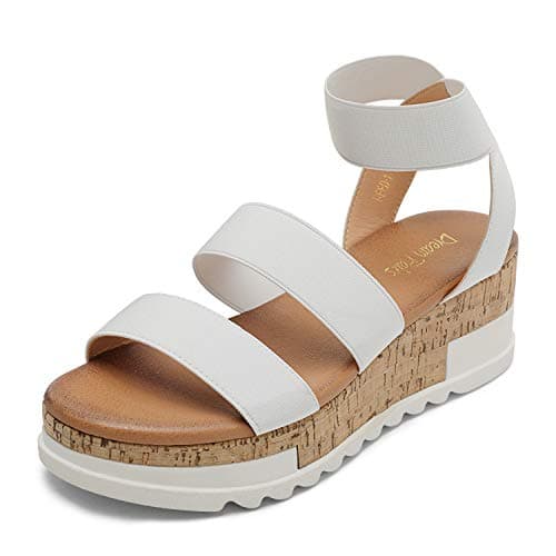 DREAM PAIRS Women's Open Toe Elastic Ankle Strap Casual Flatform Platform Wedges Sandals,Size 5,White,REED-1