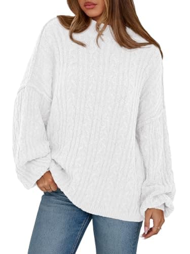 PRETTYGARDEN Oversized Spring Sweaters for Women 2026 Trendy Cozy Cable Knit Sweater Women Chunky Crewneck Ladies Sweaters (White, X-Large)