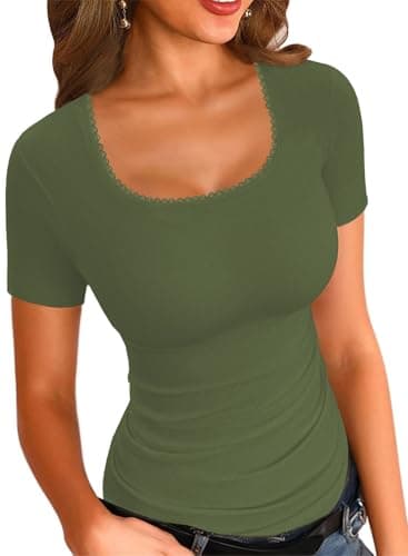 LOLONG Short Sleeve Shirts for Women Summer Square Neck Lace Patchwork Tops Casual Ribbed Knit Fitted Solid Basic Tees Green