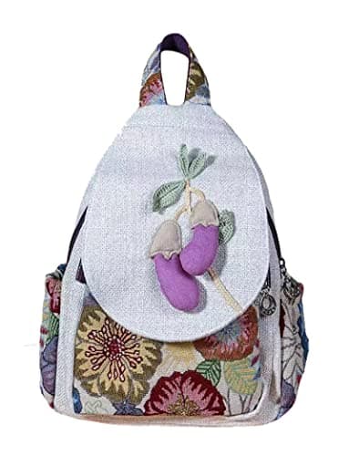 HUANGGUOSHU Small Canvas Backpack, Retro Boho Washed Hippie for Women Daily Commute (Eggplant Decorations)