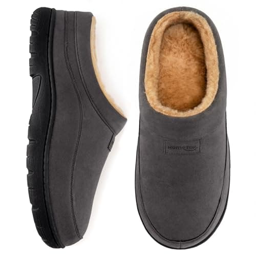 HomeTop Men's Moccasin Slippers Soft Warm Non-slip Memory Foam Indoor House Shoes with Fluffy Lining Gray, 9-10 US