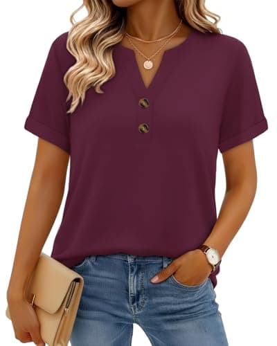 rosemia Henley Shirts for Women Short Sleeve Dressy Casual Blouses Summer V Neck Plus Size Tops 2026, Wine Red, M
