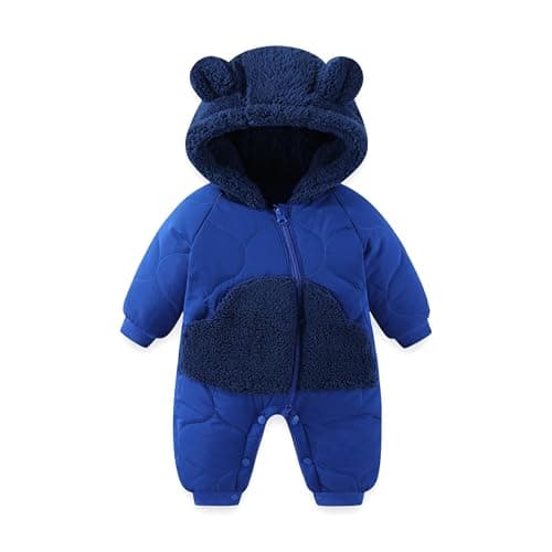 JiAmy Baby Snowsuit Winter Romper Hooded Boys Girls Jumpsuit Bear Thick Windproof Cap Infant Winter Clothes 6-9 Months Navy Blue
