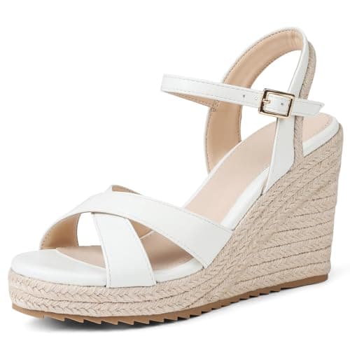 mikarka Wedge Sandals for Women, Comfortable Wedges Heels for Women - Open Toe Womens Wedge Sandals Dressy Ankle Strap High Heel Espadrilles Wedges, White Size 8.5