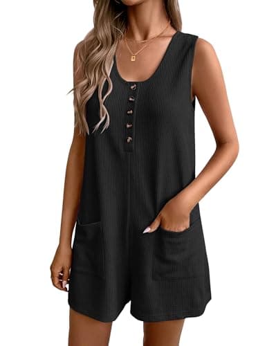Ekouaer Women Rompers Summer Casual Overalls Shorts Waffle Loose Jumpsuit with Pockets 2025 Beach Outfits Vacation Clothes Black L